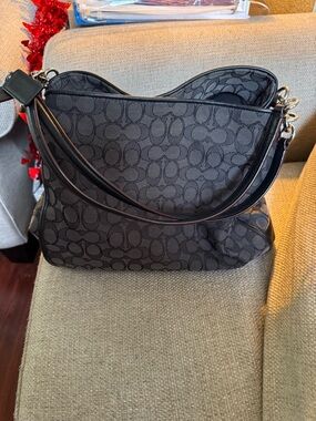 Coach Gray Signature Canvas Shoulder Bag with Black Trim